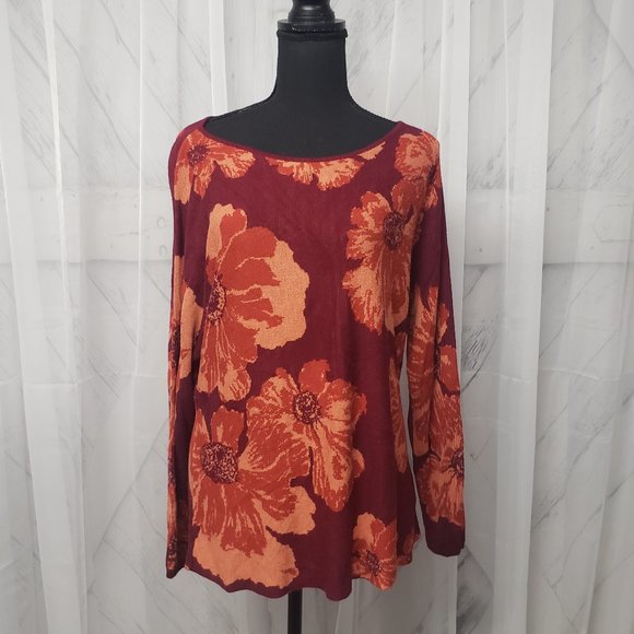 Ruby Rd. Sweaters - Ruby Road Maroon Terra Cotta Floral Pullover Crewneck Rayon Sweater Size L